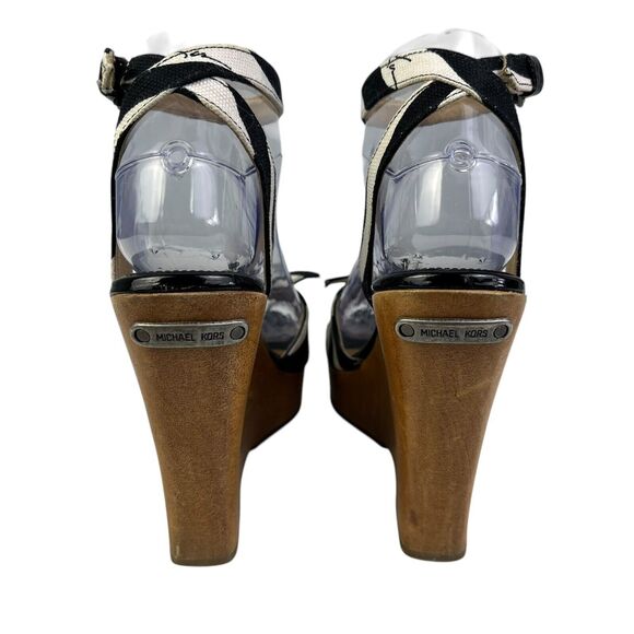 Michael Kors Wedge Woody Sandals Size 6.5 White Black Bow Ankle Strap - Picture 3 of 13